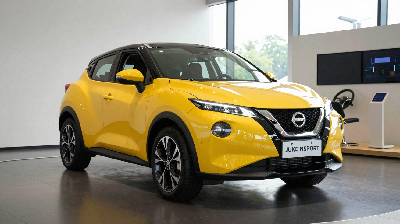 Carro SUV amarelo Nissan Juke N-Sport em exposição dentro de showroom moderno.