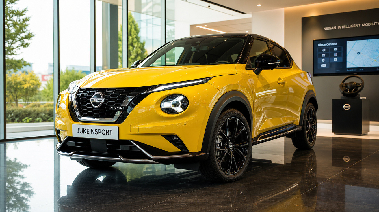 Carro Nissan Juke N-Sport amarelo exibido em showroom moderno com painel digital ao fundo.