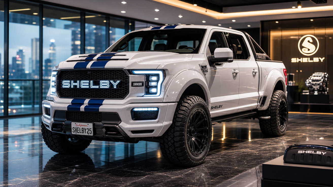 Picape branca Shelby com faixas azuis exposta em showroom moderno com iluminação ambiente.