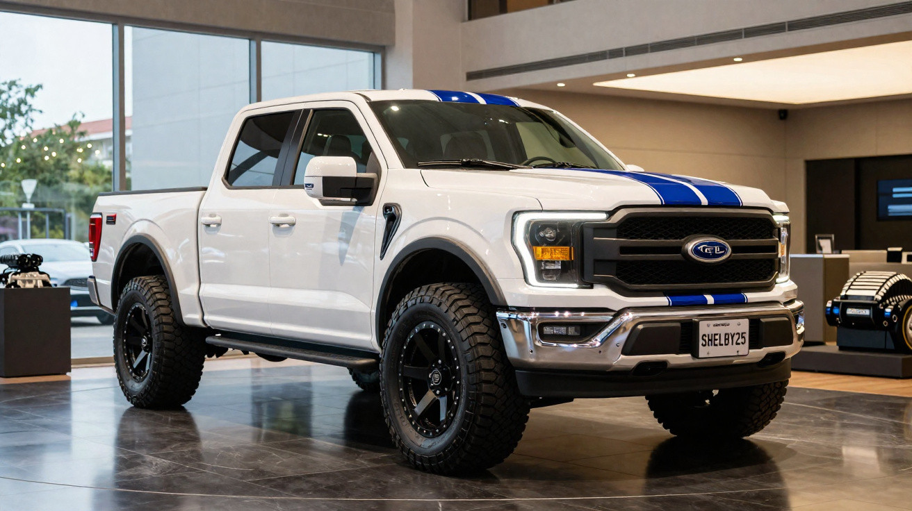 Picape branca Ford F-150 Shelby com faixas azuis exposta em showroom moderno.