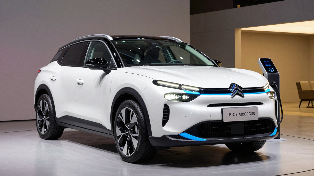 Carro elétrico Citroën E-C5 Aircross branco estacionado em ambiente interno, conectado a carregador.