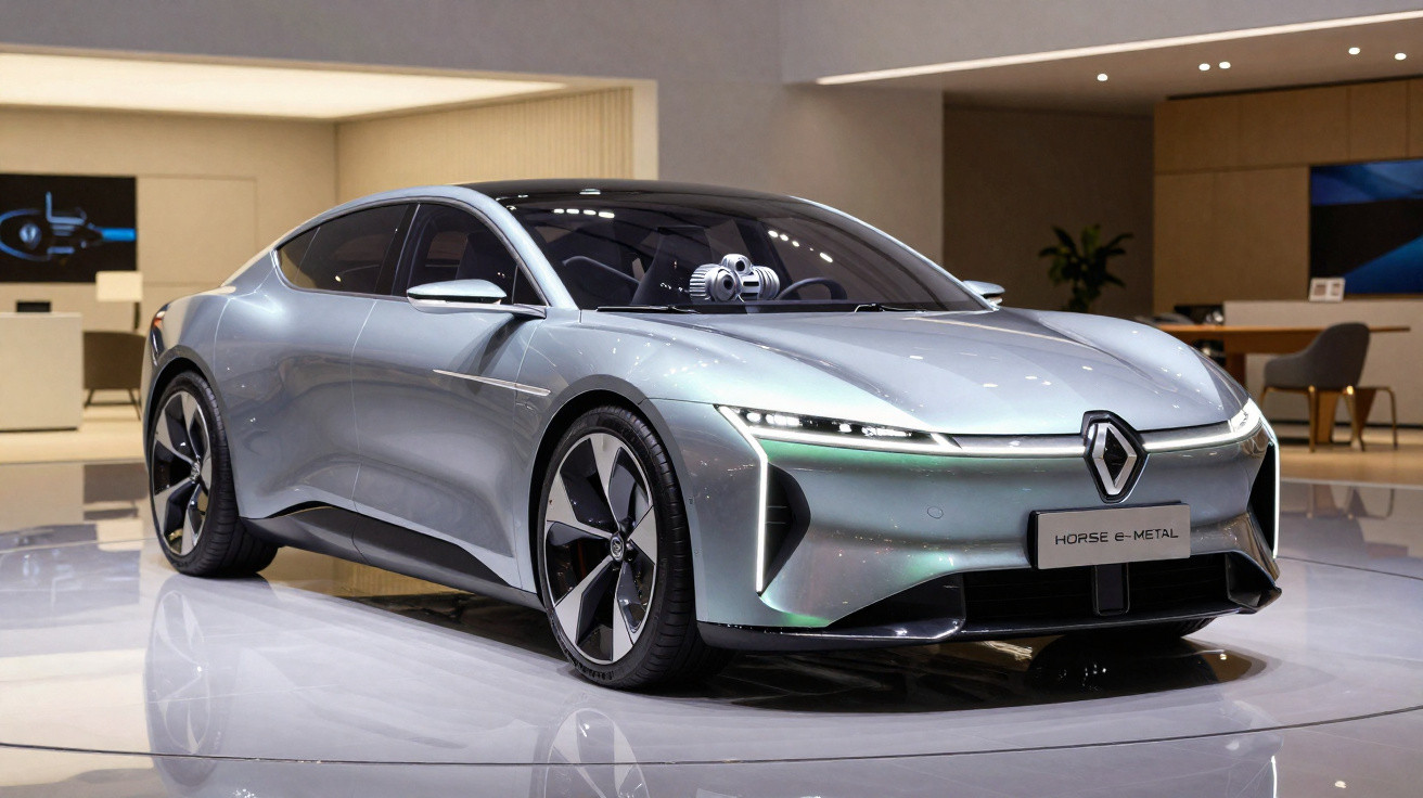 Carro elétrico Renault Horse E-Metal prata exposto em ambiente interno moderno.