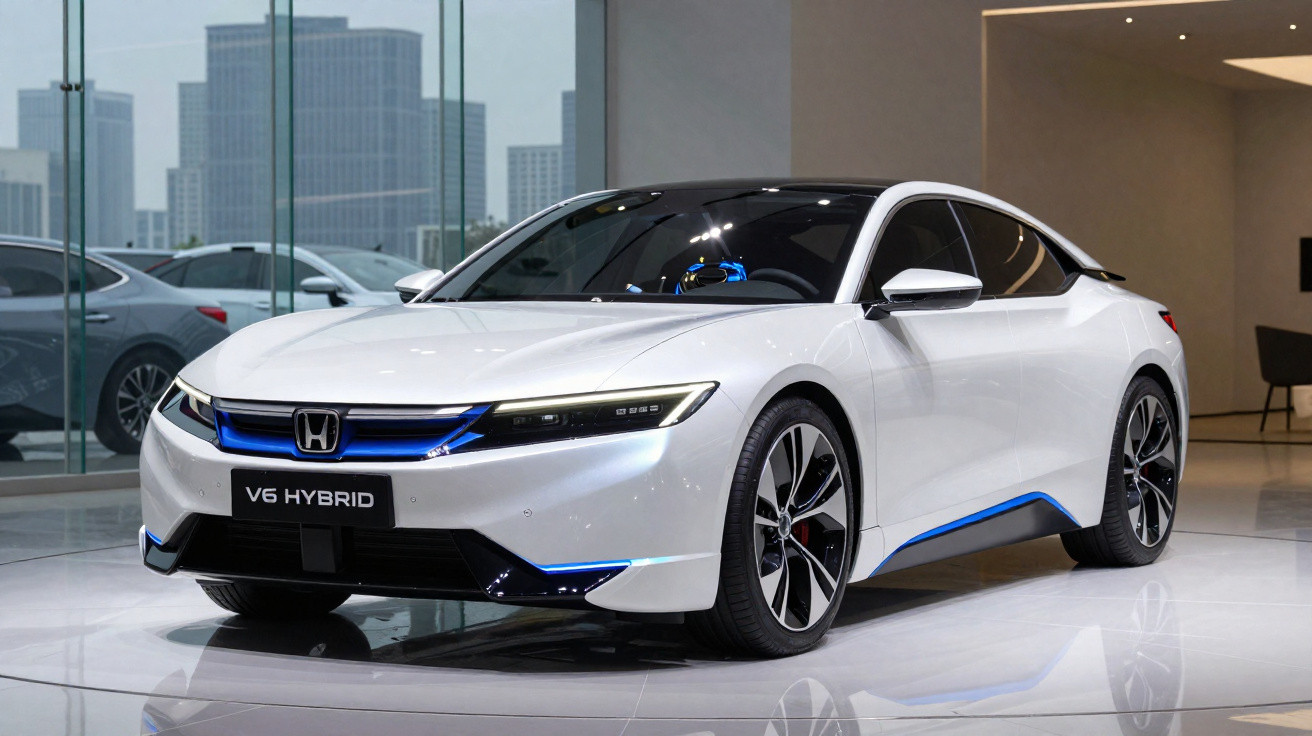 Carro branco Honda conceito V6 Hybrid em exposição, com linhas modernas e rodas grandes, interior iluminado.
