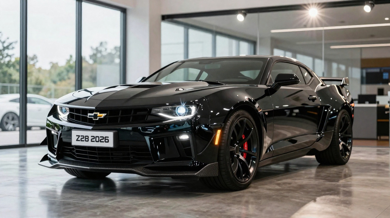 Carro esportivo Chevrolet Camaro Z28 2026 preto exibido em showroom com detalhes em carbono.