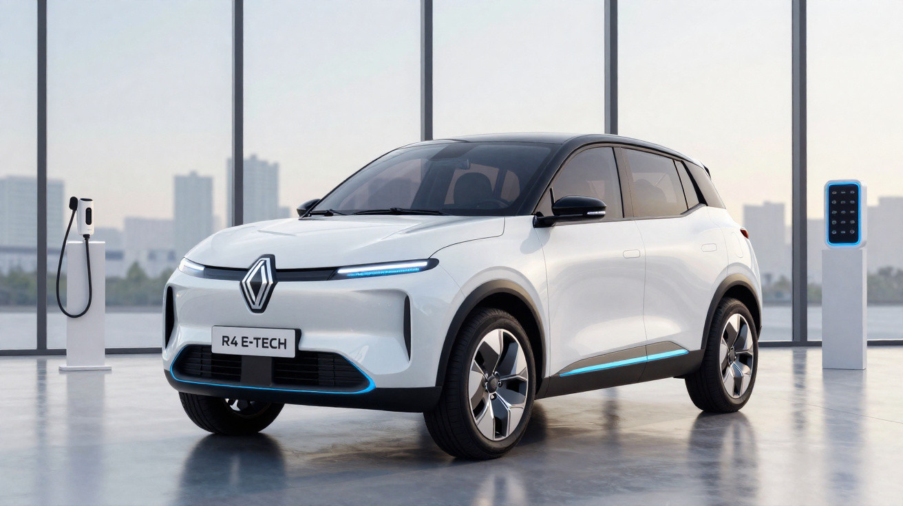 Carro elétrico Renault R4 E-TECH branco estacionado em ambiente interno com estação de recarga.
