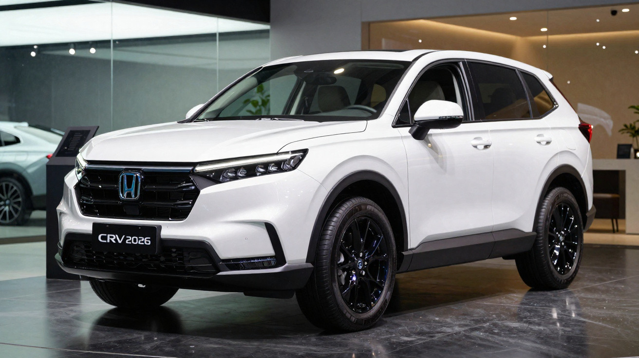 SUV Honda CRV 2026 branco em exposição, com rodas pretas e iluminação interna em ambiente moderno.