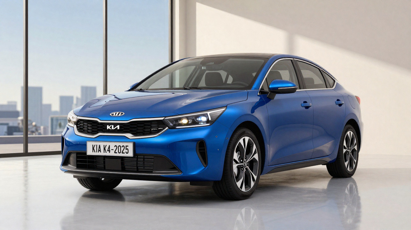 Carro sedan azul Kia K4 2025 estacionado em ambiente interno com janela e vista urbana ao fundo.