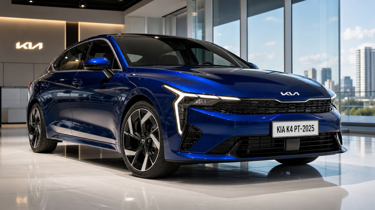 Carro sedan azul KIA K4 PT-2025 exibido em showroom moderno com fachada de vidro ao fundo.