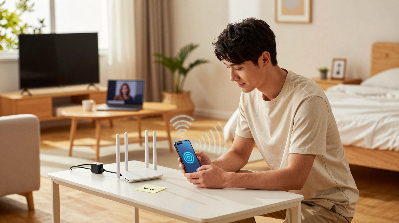 Homem usando smartphone próximo a um roteador Wi-Fi em uma sala de estar iluminada.
