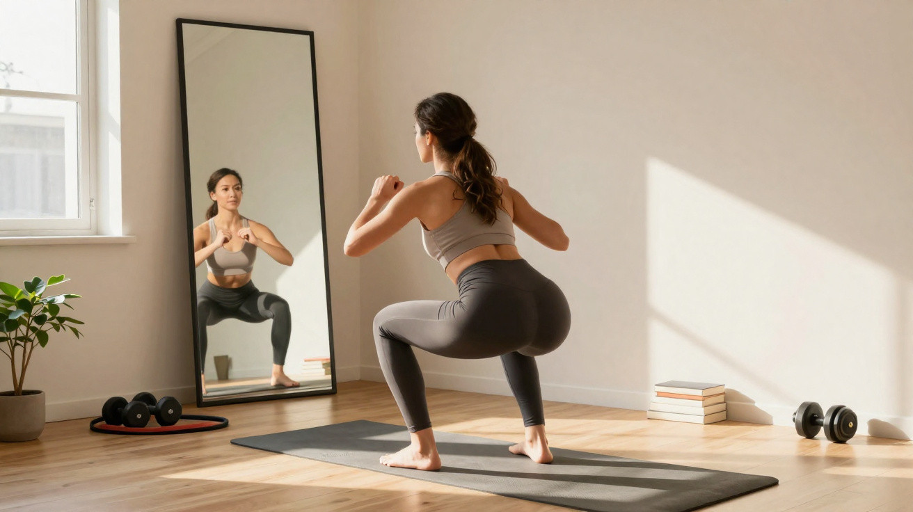 Mulher fazendo agachamento em tapete de exercícios em frente a espelho em quarto iluminado.