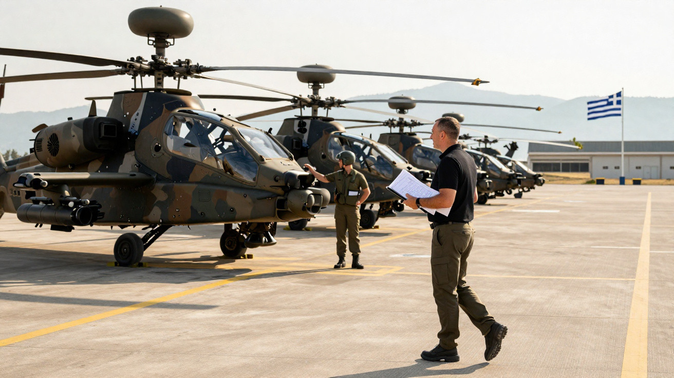 Helicópteros militares camuflados alinhados em pista com dois homens vistoriando e bandeira da Grécia ao fundo.