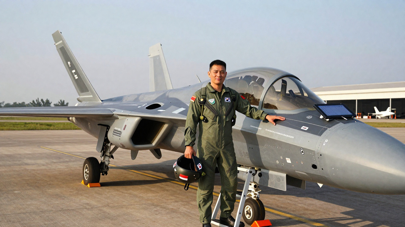 Piloto militar em uniforme verde, segurando capacete, ao lado de jato de combate estacionado em pista.