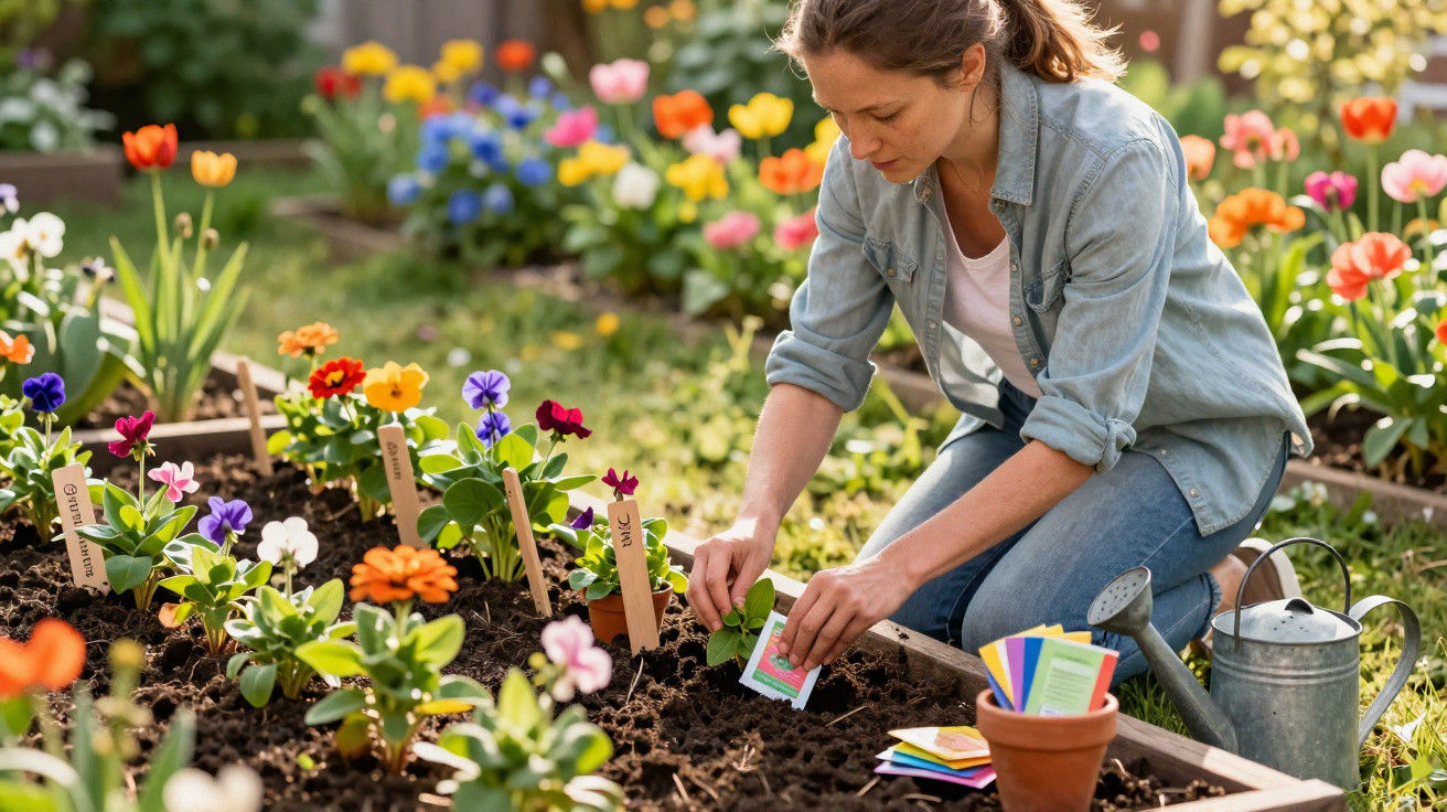 Mulher plantando flores coloridas em canteiro de jardim ensolarado com regador ao lado.