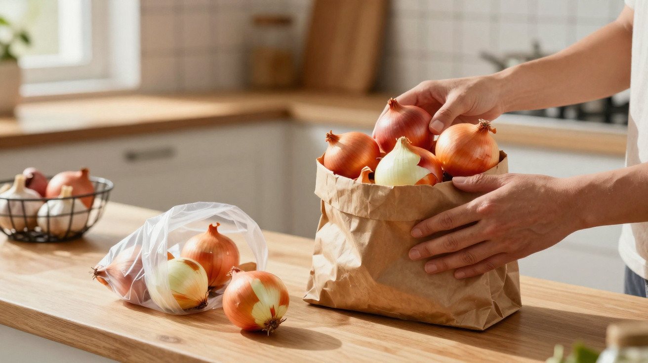Mãos colocando cebolas em sacola de papel sobre bancada de cozinha clara com luz natural.