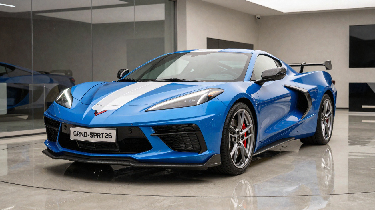 Carro esportivo azul com faixa branca, pneus aro prata e aerofólio estacionado em piso cinza polido.