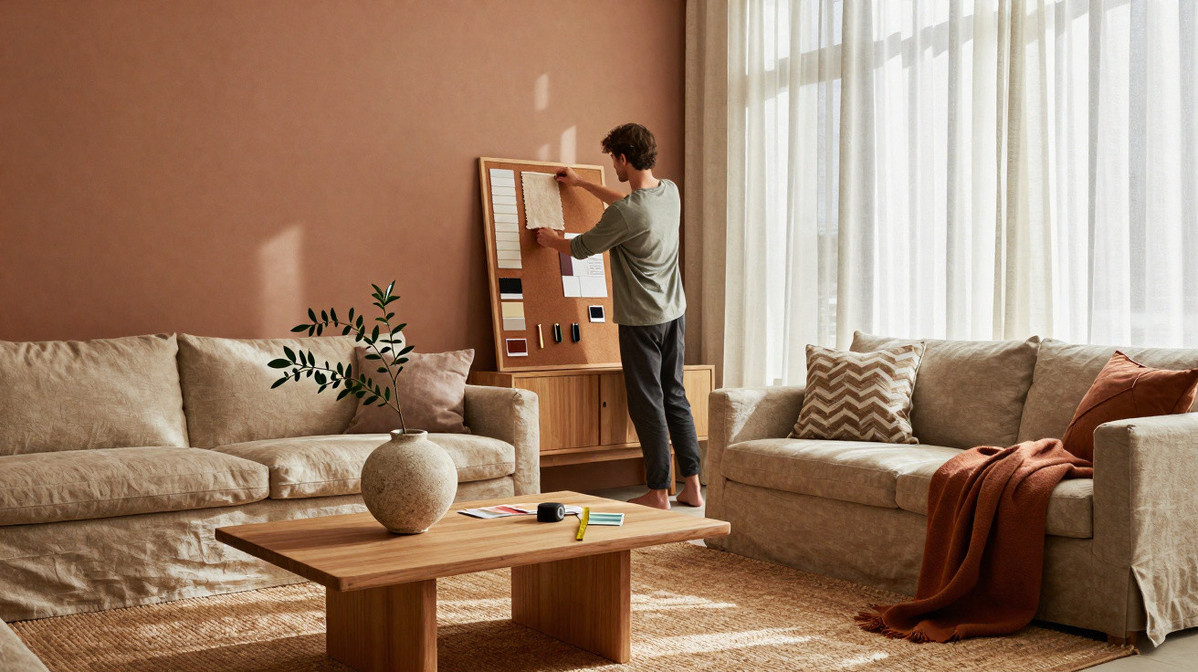 Homem organizando amostras em painel de decoração em sala com tons terrosos e sofá bege.