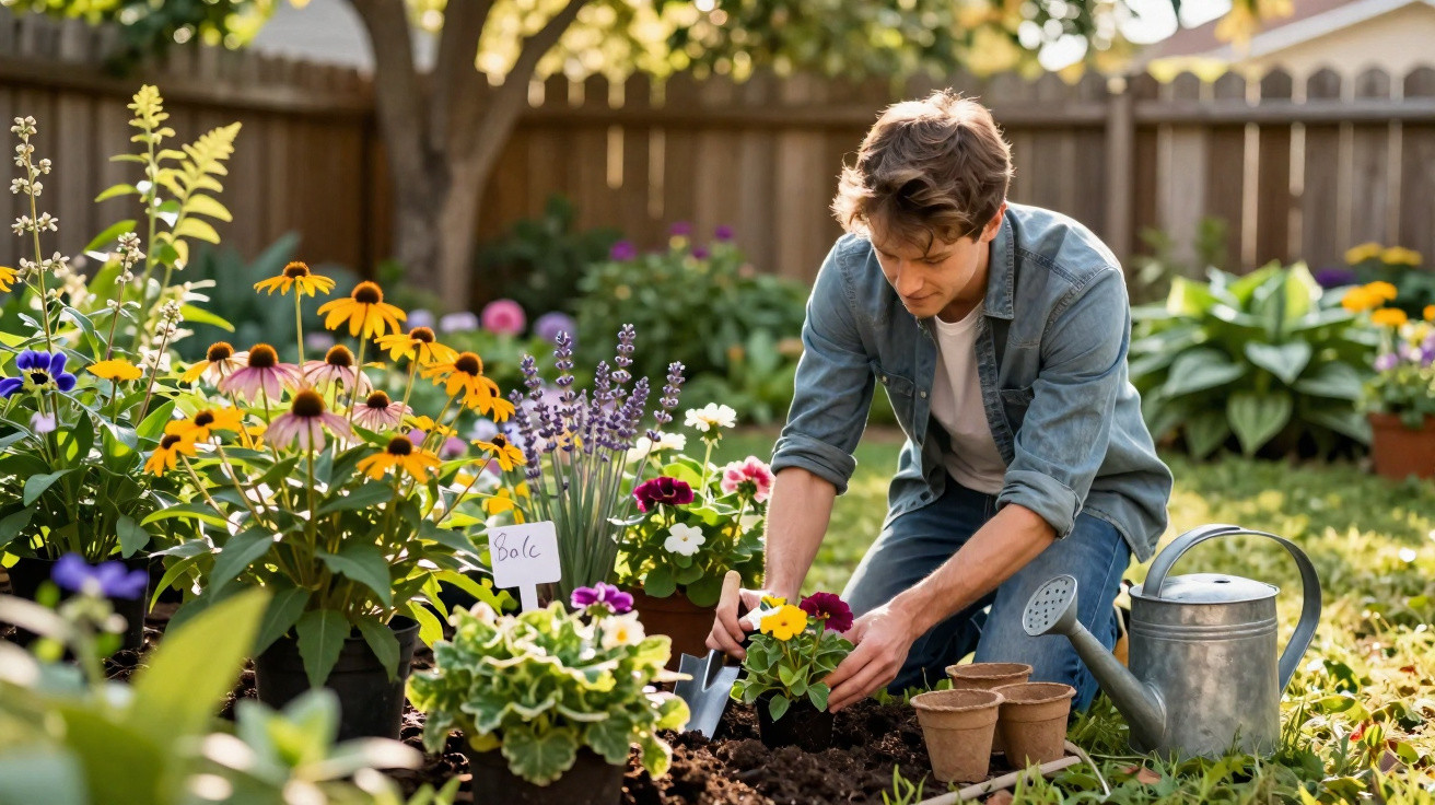 Homem cuidando de flores coloridas em jardim ensolarado, com regador e vasos de barro ao lado.