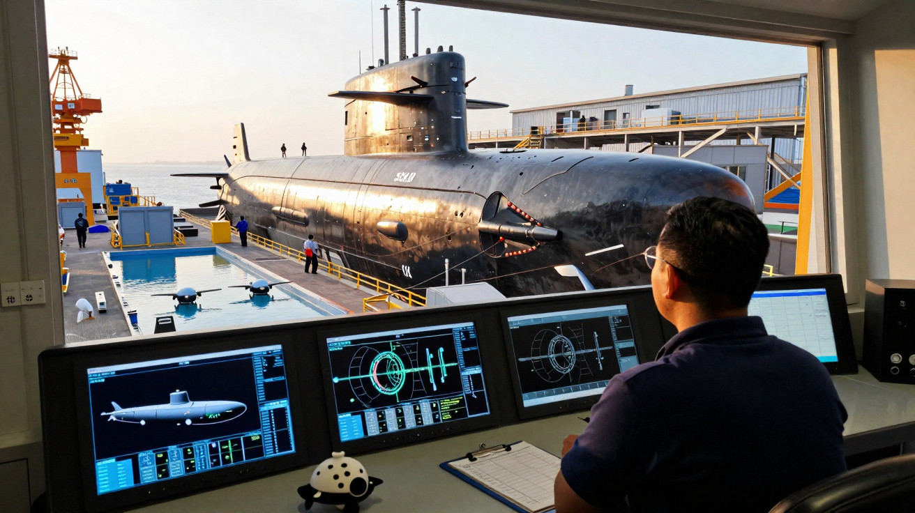 Homem observa submarino preto atracado, visto de sala com monitores e equipamentos de controle.