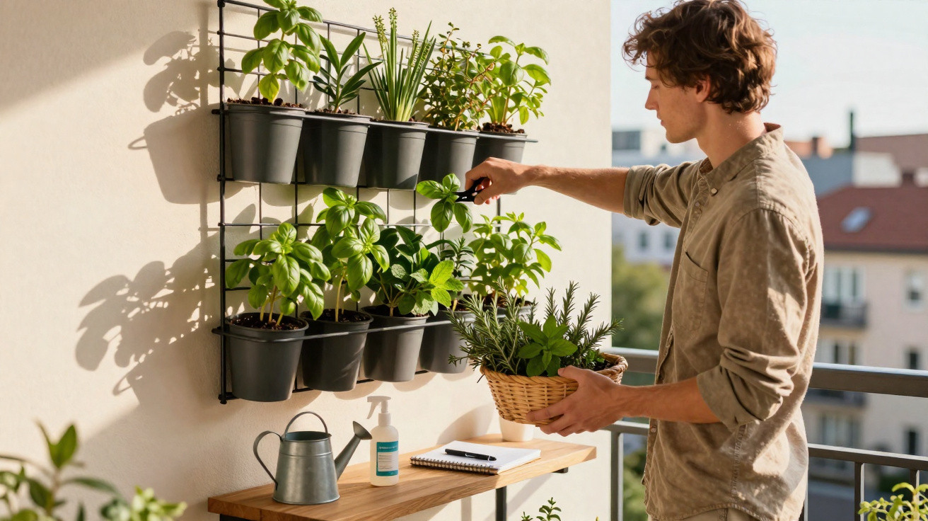 Homem cuidando de plantas em vasos fixados na parede de uma varanda ensolarada.