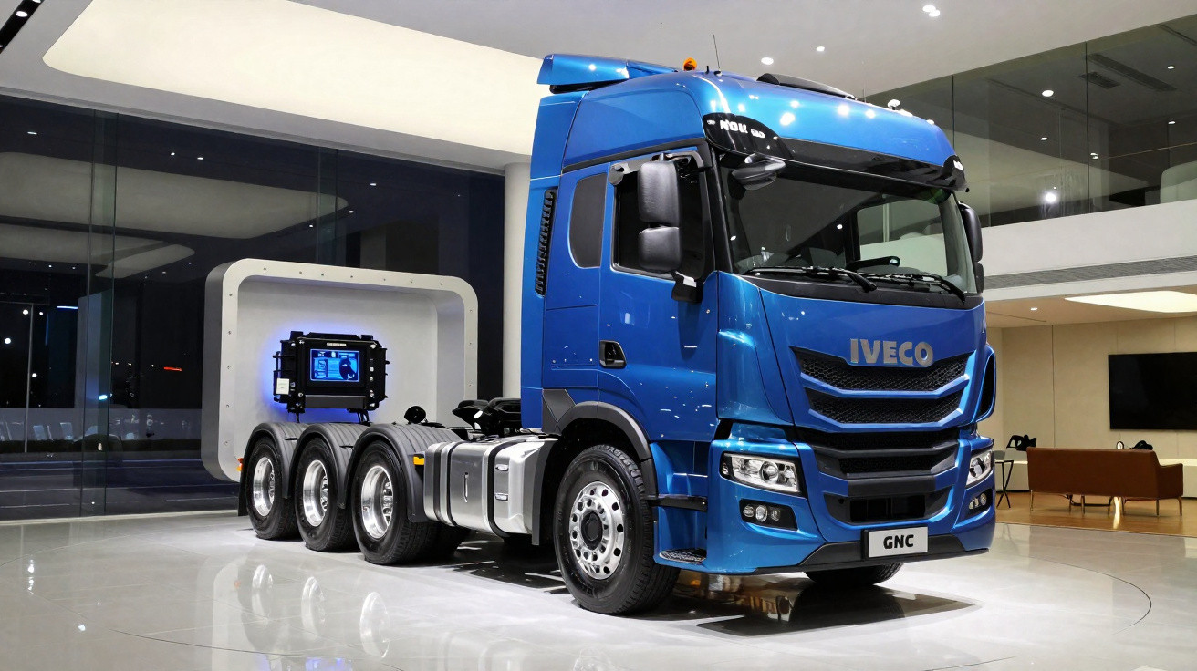 Caminhão Iveco azul exposto em ambiente moderno, sem carreta, com cabine alta e várias rodas.