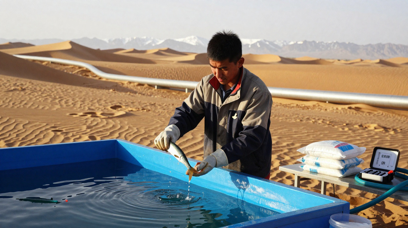 Homem manuseia peixe em tanque azul no deserto com sacos e equipamentos ao lado.