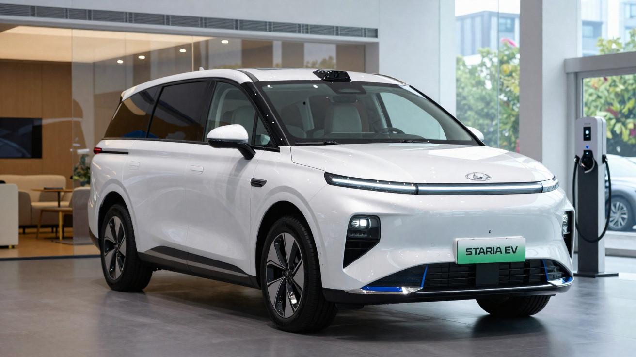 Carro elétrico branco Hyundai Staria EV estacionado em showroom moderno com carregador ao fundo.