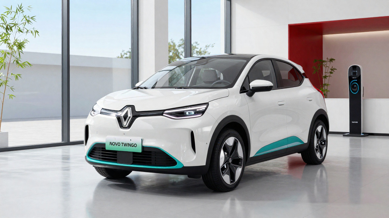 Carro branco Renault Novo Twingo elétrico em ambiente interno moderno com estação de recarga.