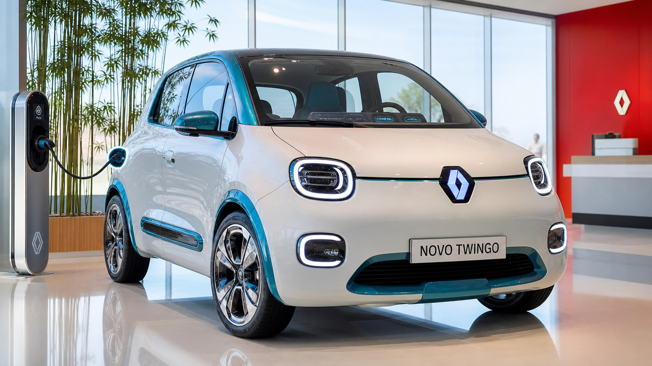 Carro elétrico Renault Novo Twingo branco em carregador dentro de showroom moderno.