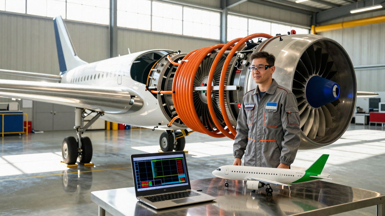 Técnico em macacão cinza com óculos em hangar ao lado de motor de avião exposto, modelo e laptop.
