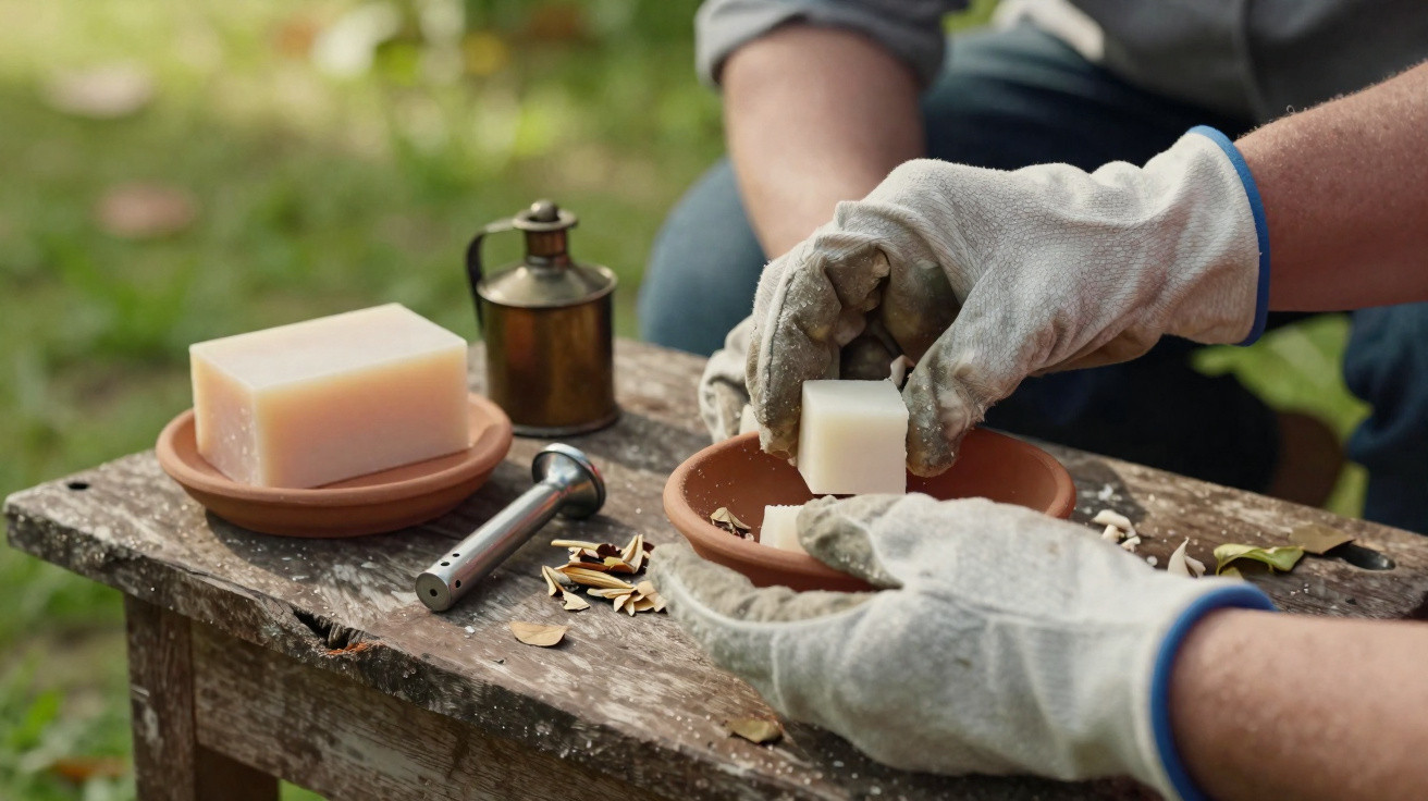 Pessoa com luvas segurando cubos de cera para derreter em recipiente sobre banco de madeira rústico.