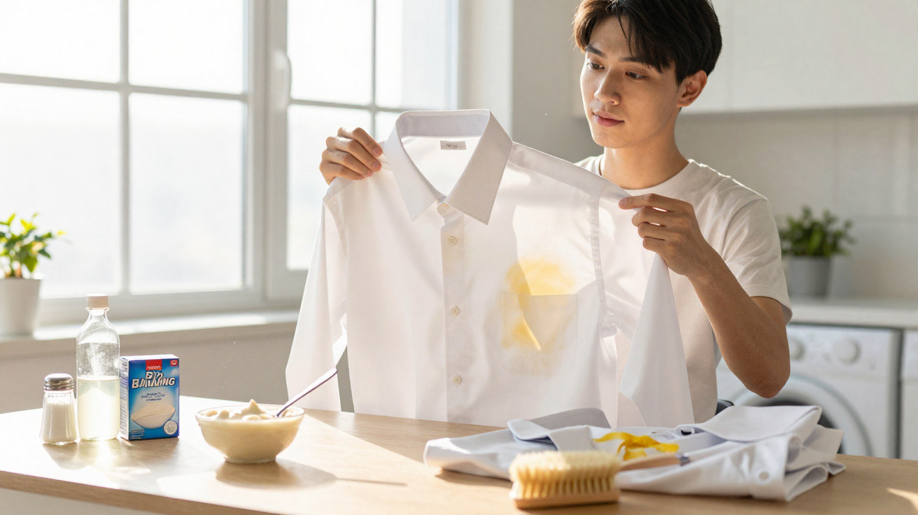 Homem segurando camisa branca com mancha amarela em cozinha iluminada.