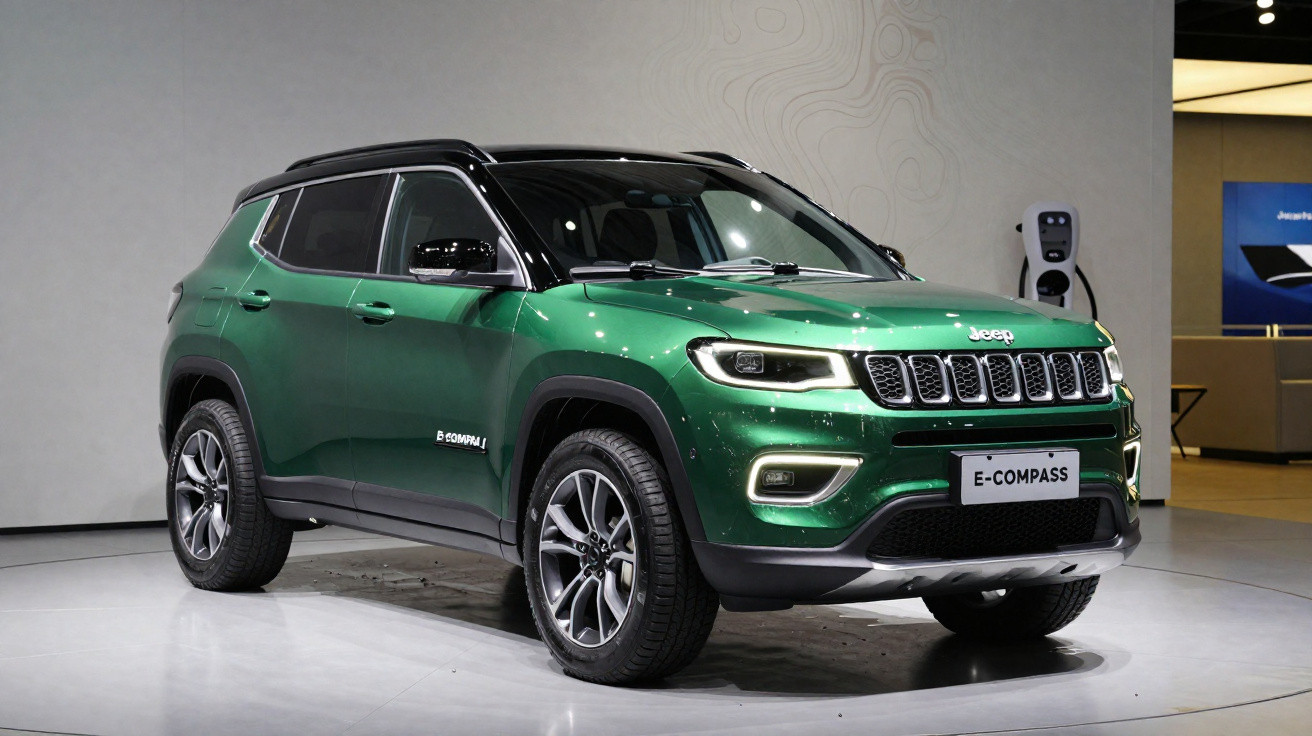 Carro SUV verde Jeep E-Compass elétrico em exposição com carregador ao fundo.