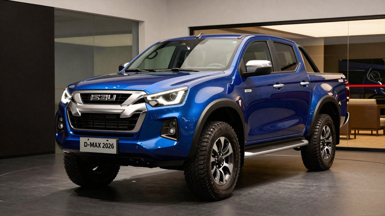 Picape azul Isuzu D-Max 2026 em ambiente interno com design moderno e robusto.