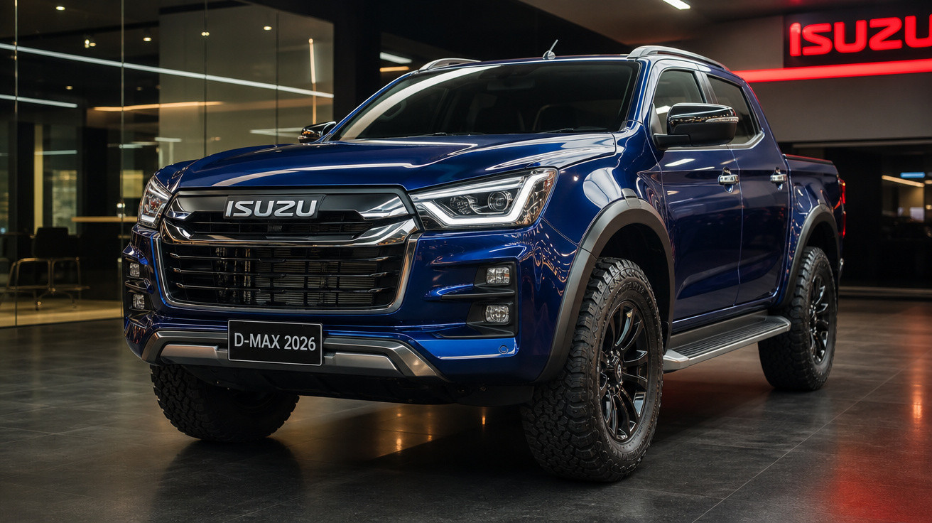Picape Isuzu D-Max 2026 azul em salão com iluminação refletida no capô e rodas pretas robustas.