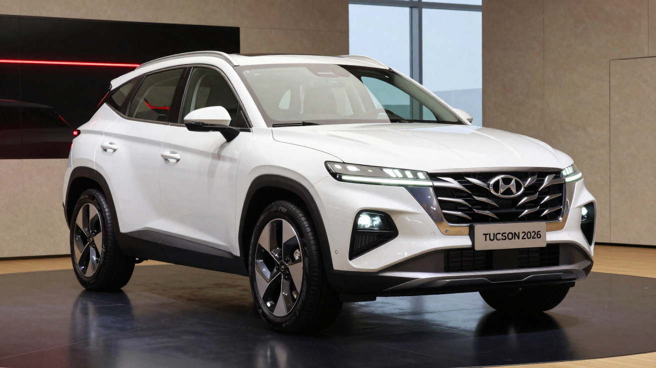 SUV Hyundai Tucson branco modelo 2026 em exposição interna com iluminação moderna.