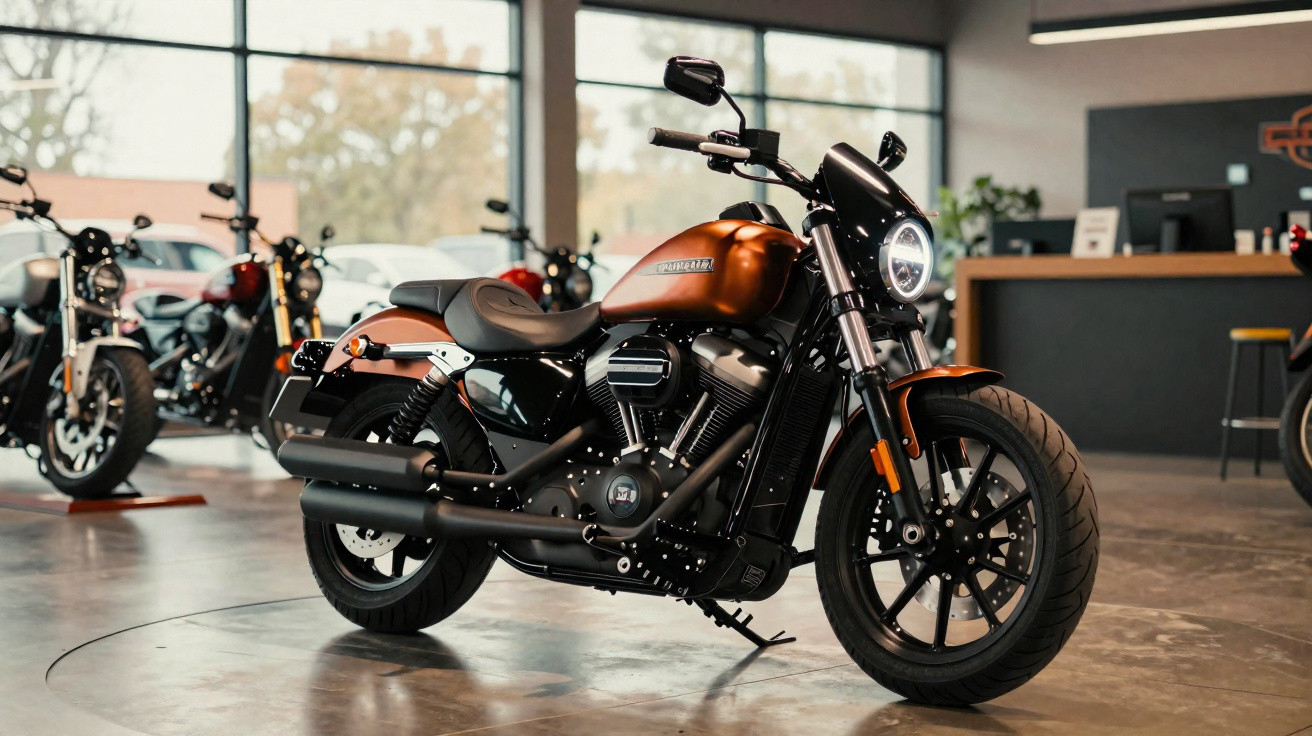 Moto Harley-Davidson aro largo com farol de LED em loja com piso de concreto e outras motos ao fundo.