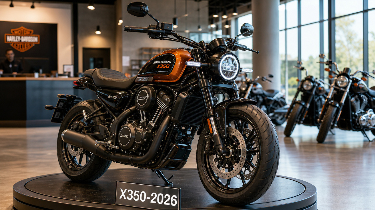 Motocicleta Harley-Davidson X350 2026 em exposição moderna dentro de showroom.