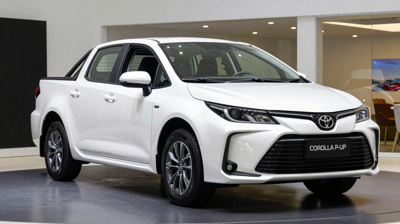 Picape Toyota Corolla P-Up branca exibida em ambiente interno, vista frontal e lateral direita.