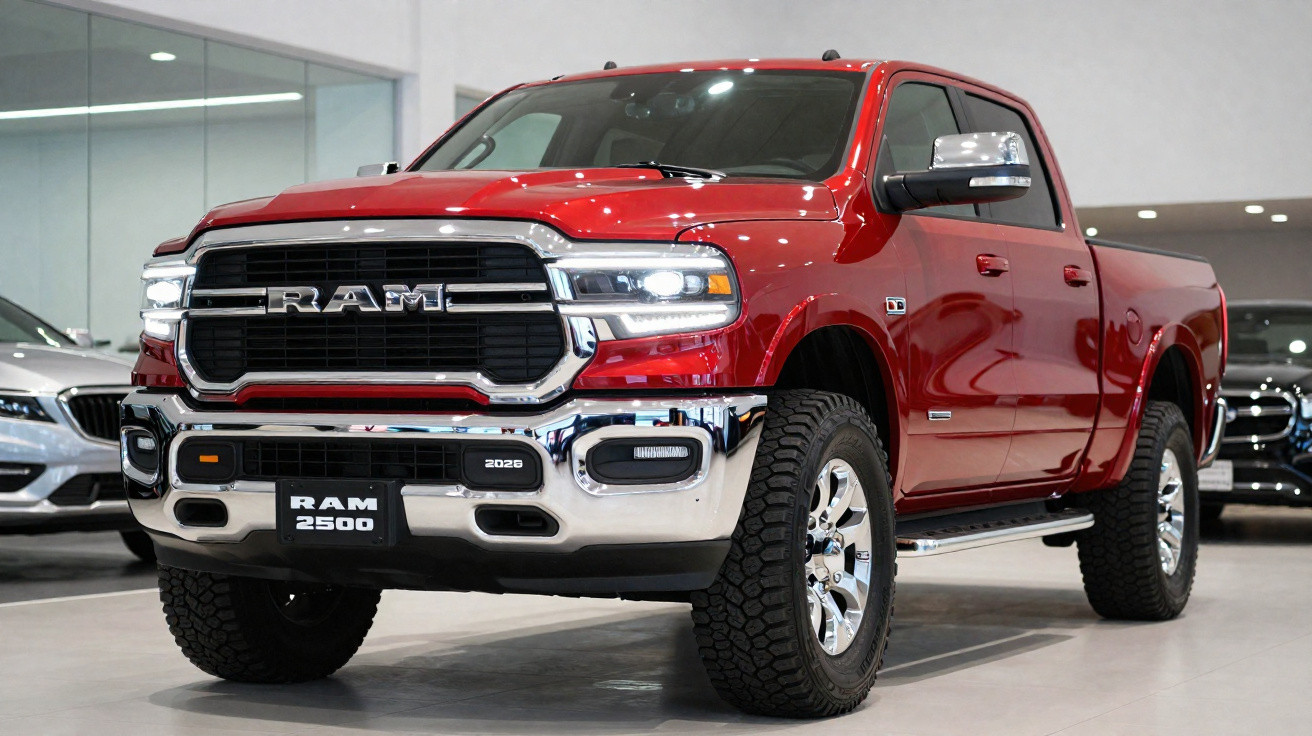 Picape vermelha RAM 2500 2026 em exposição em showroom com detalhes cromados e rodas robustas.