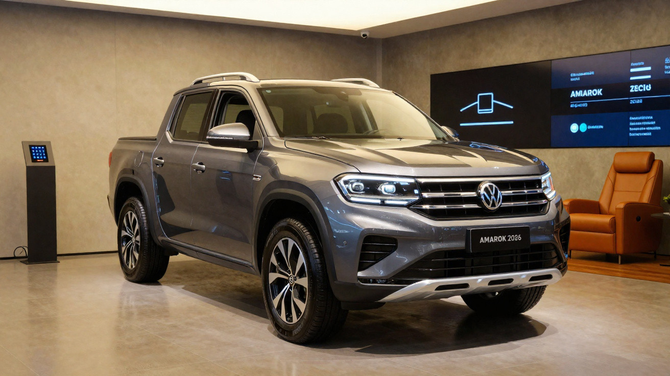 Picape Volkswagen Amarok 2026 cinza exibida em showroom com iluminação ambiente e poltrona marrom ao fundo.