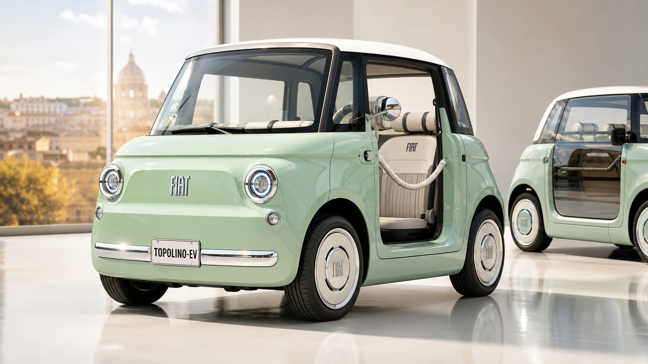 Carro elétrico compacto Fiat Topolino EV verde claro exposto em ambiente interno moderno.