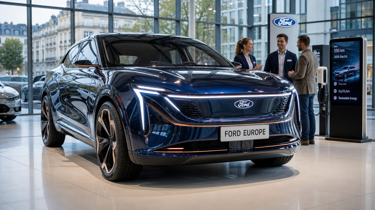 Carro elétrico Ford azul exposto em showroom com três pessoas conversando ao fundo.