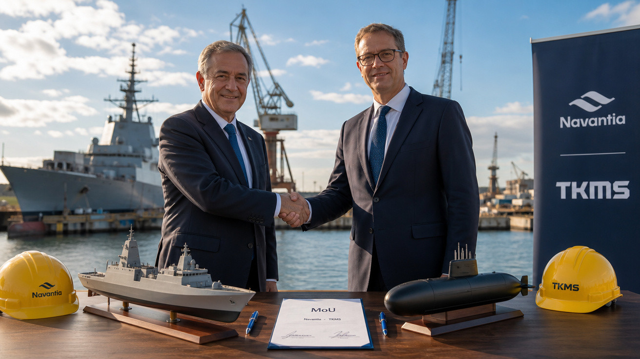 Dois homens de terno apertando as mãos em frente a modelos de navio e submarino no porto.