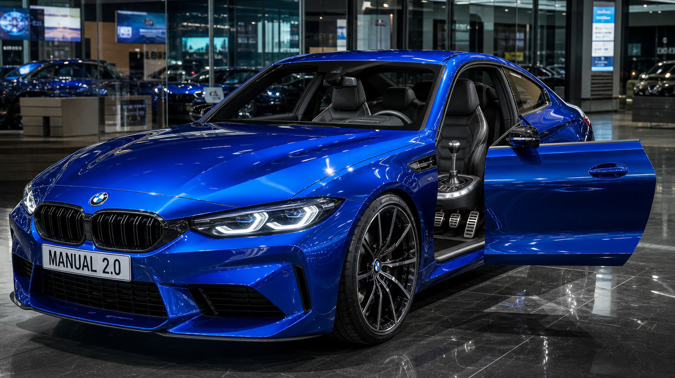 Carro esportivo BMW azul com porta do motorista aberta em showroom com interior e câmbio manual visíveis.