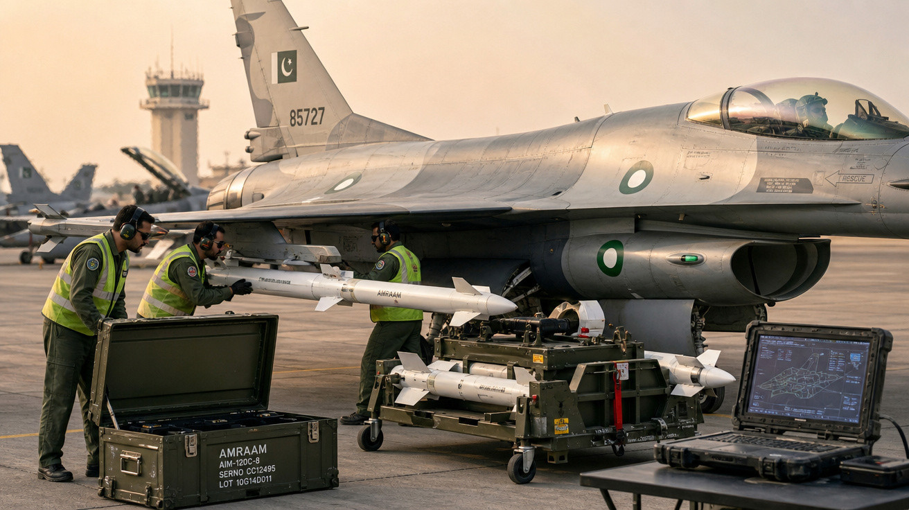 Técnicos com coletes amarelos preparam mísseis AMRAAM para jato de combate no aeroporto militar ao entardecer.