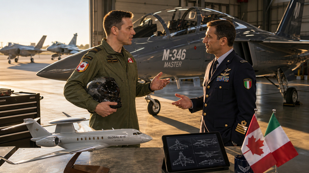 Dois militares conversam em hangar com modelos de avião e bandeiras do Canadá e Itália sobre a mesa.