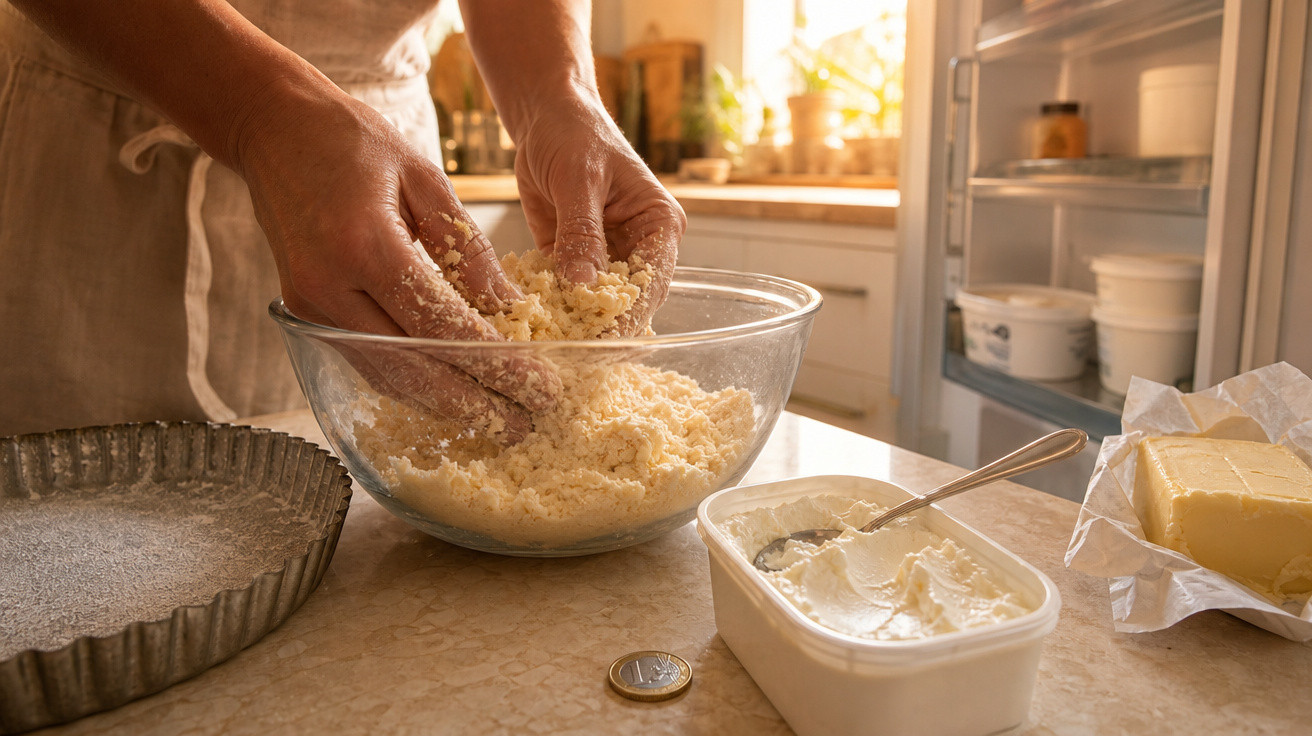 Mãos amassam massa em tigela de vidro na cozinha, com manteiga, creme e forma para torta ao redor.