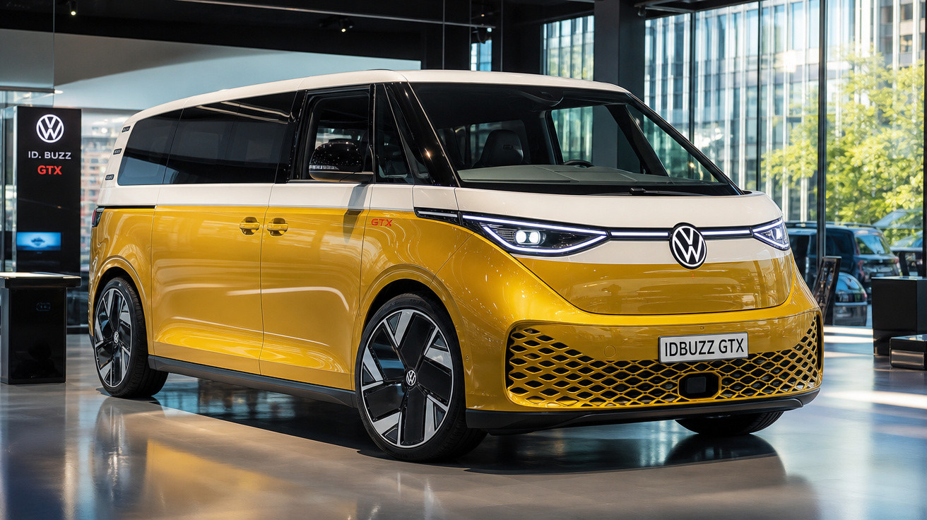 Van elétrica Volkswagen ID. Buzz GTX amarela e branca em exposição dentro de showroom moderno.