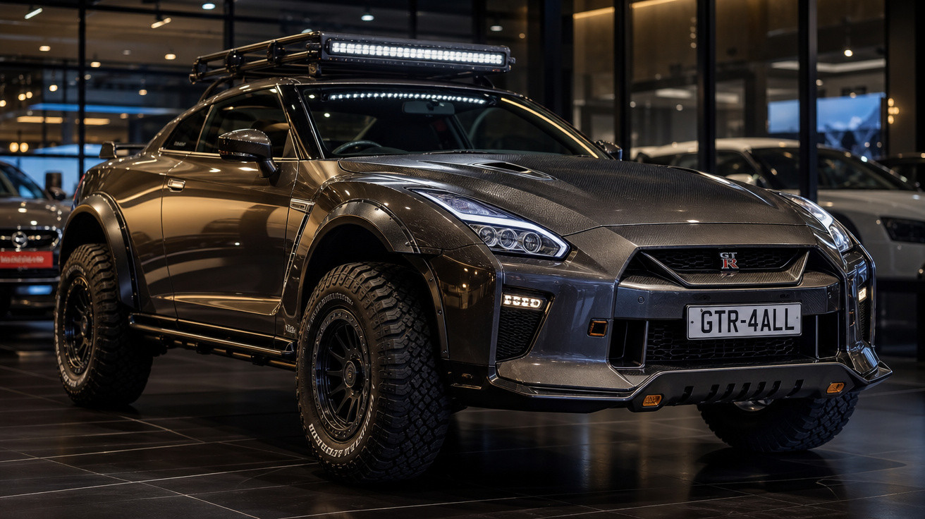 Carro esportivo Nissan GT-R off-road com pneus grandes e barra de luz no teto em showroom iluminado.