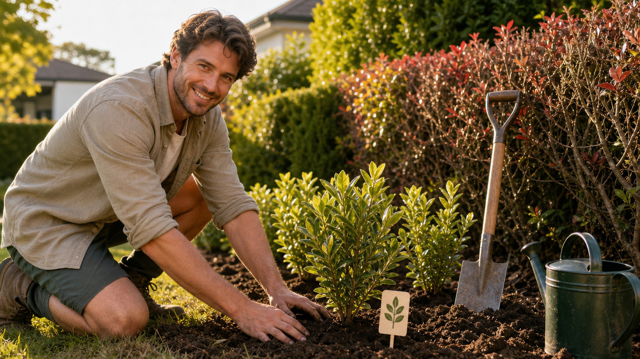 Homem sorridente cuidando de plantas em jardim durante o dia, com ferramentas de jardinagem ao lado.